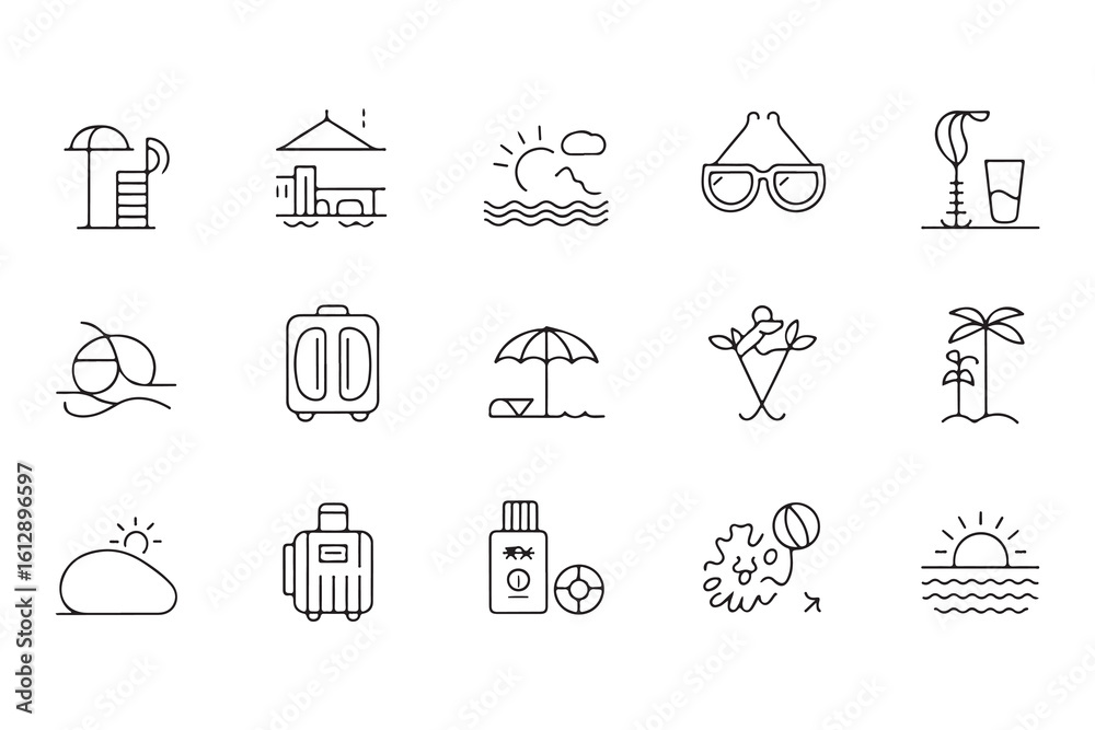 Fototapeta premium Minimalist Beach Vacation Line Icons for Summer Travel and Holiday Destinations Exploring the World and Fun Activities