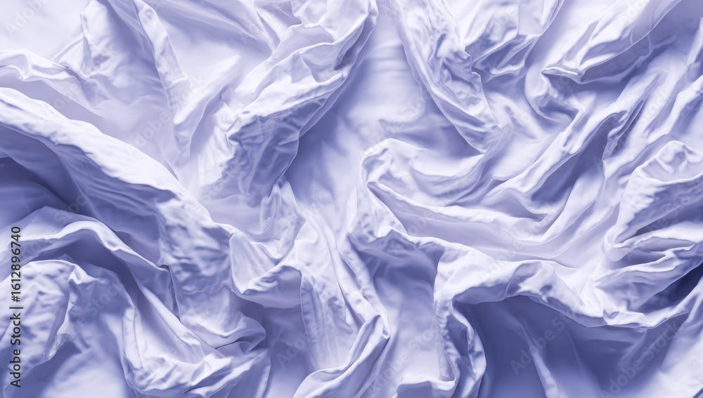 Obraz premium Crinkled, light-colored textile, possibly linen or cotton, fills the frame. Soft shadows create depth amidst the folds and wrinkles of the fabric, highlighting a sense of disorder and soft texture