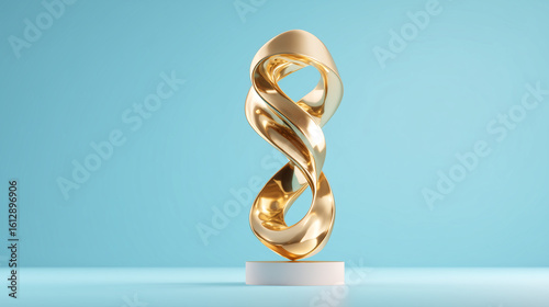 Gold abstract sculpture shines on blue background. Represents success, achievement, luxury. Ideal for web, design, marketing.