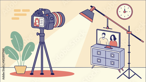 Professional photography studio setup with dslr camera lighting and backdrop for portrait and video shooting