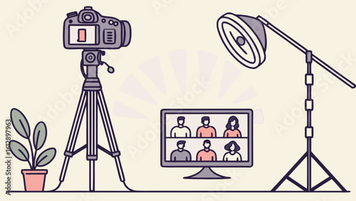 Online meeting video conference setup with camera lighting and plant for professional virtual meetings