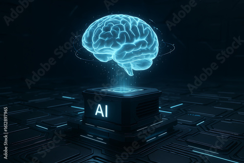 3D rendering of artificial intelligence digital brain and neural network chip on futuristic circuit board, representing deep learning, big data analysis, and advanced AI processing
