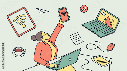 Woman working remotely connecting to wifi network using laptop and smartphone for online business tasks