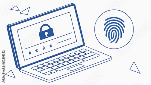 Cybersecurity and data protection concept with laptop, password, fingerprint scan and online safety measures