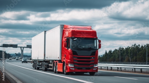 A bright red truck travels along a busy highway under a cloudy sky. Other vehicles can be seen in the background, showcasing typical highway activity.