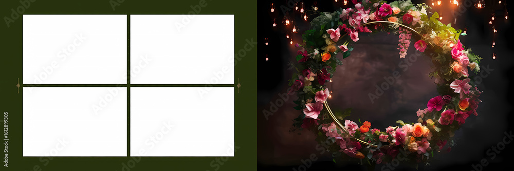 Fototapeta premium Wedding And Birthday Ceremony Background Template in flowers and building design