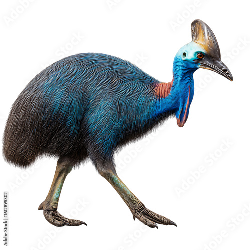A colorful cassowary bird with a blue neck and red wattles stands on a transparent background on transparent background
