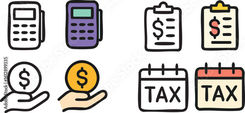 Financial Icons Taxes Money and Calculator.