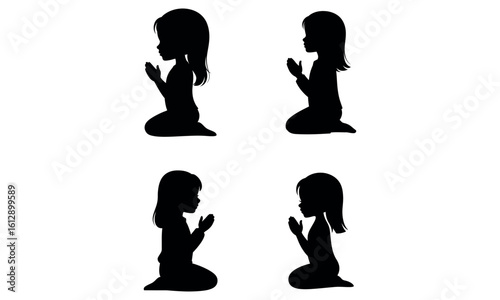 Silhouettes of girl praying on knees in religious black illustration
