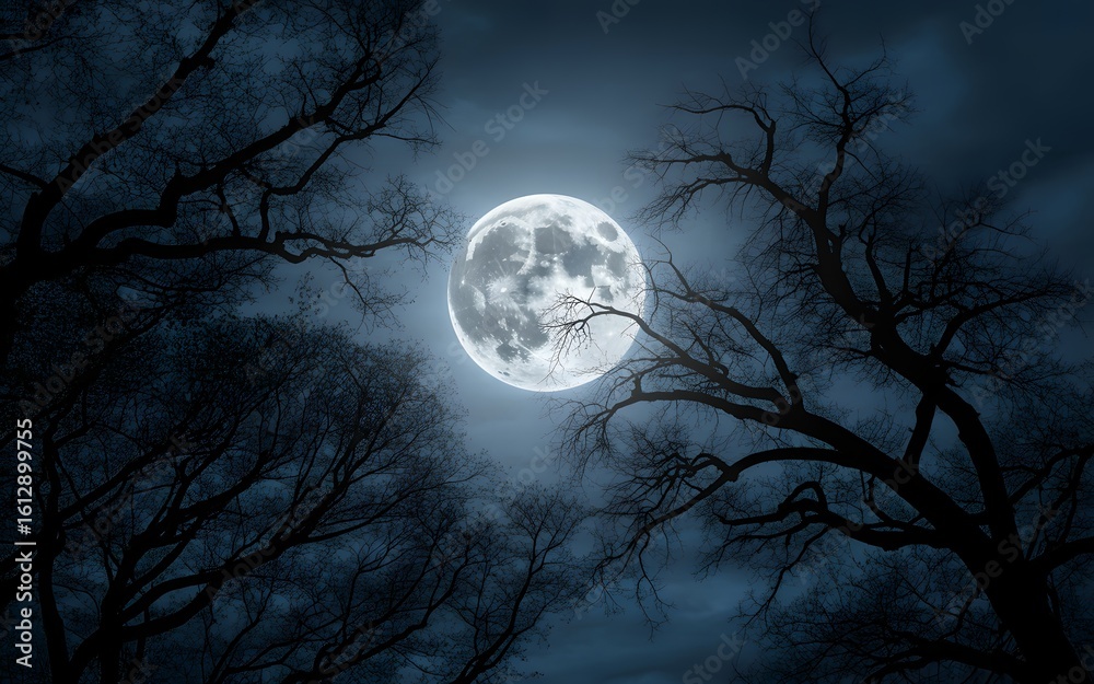 Naklejka premium Full Moon Shining Through Bare Tree Branches on a Dark Night Sky
