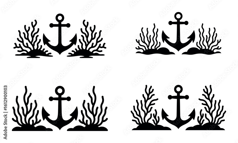 Fototapeta premium Anchor and coral silhouette icons representing marine underwater scene 