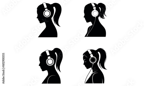 Female silhouettes with headphones listening to music in black style
