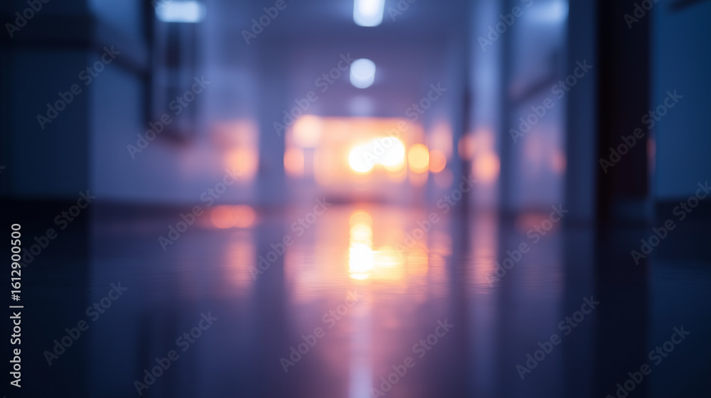 Fototapeta premium Bright glowing lights in a hospital corridor creating an atmospheric and abstract environment.