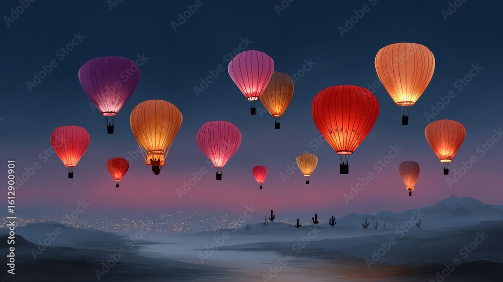 Obraz premium Painting of many hot air balloons in the sky with a city in the background. The mood of the painting is peaceful and serene