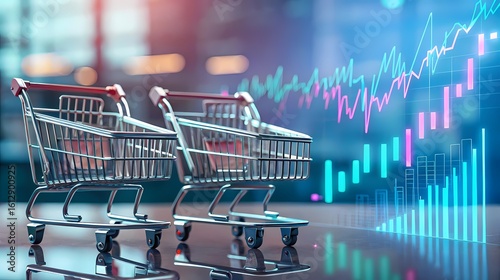 Shopping carts with financial graph representing retail market trends-Two empty shopping carts placed near digital financial graphs, symbolizing retail economics, consumer behavior, and market analys