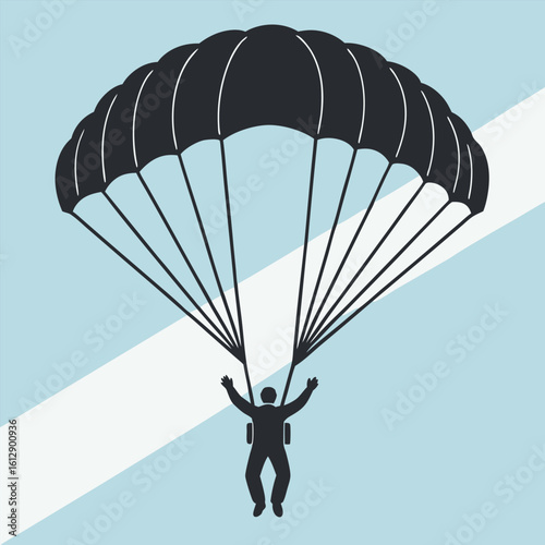 Silhouette shows a skydiver with arms raised beneath parachute over striped blue backdrop