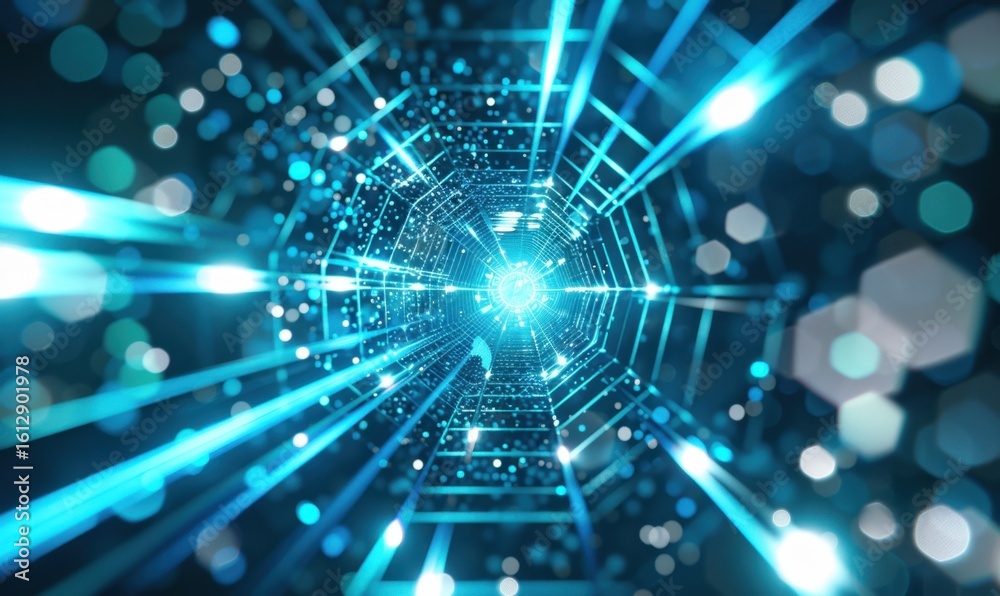 Obraz premium Futuristic blue light tunnel technology background digital network perspective