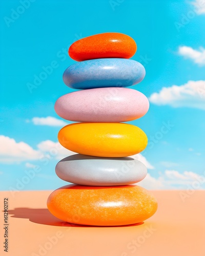 Colorful Stacked Smooth Stones Under Blue Sky – Minimalist Zen Composition