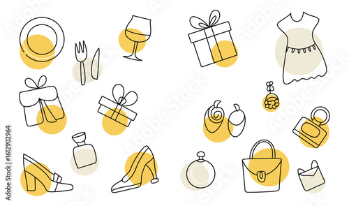 Minimal lifestyle icon collection featuring fashion, gifts, and celebration elements arranged around a central dining setup.