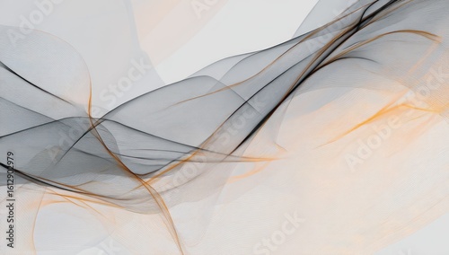 Wallpaper Mural Abstract layers of transparent flowing fabric, in gray and orange hues, create a dynamic, airy composition against a light backdrop, suggesting movement and depth Torontodigital.ca