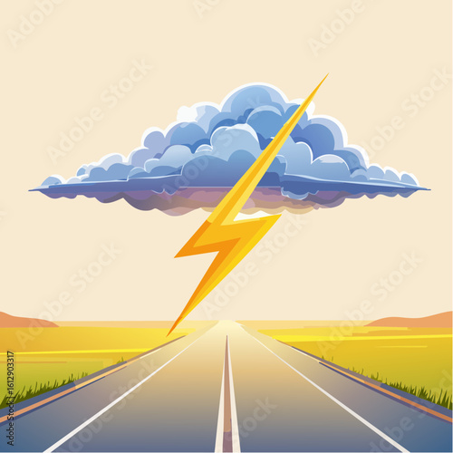 Dramatic lightning strikes above a straight road cutting through the plains