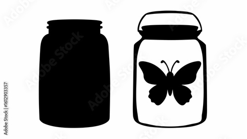 Two jars depicted in black and white one solid and the other containing a butterfly silhouette inside it