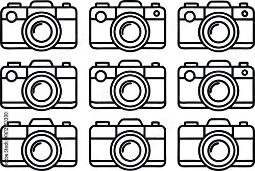 Nine Simple Line Art Camera Icons;  Black and White;  Clean Minimalist Design.
