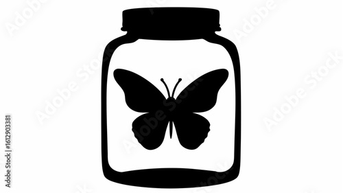 Silhouette of a butterfly inside a glass jar with a lid viewed from the front in a black and white image