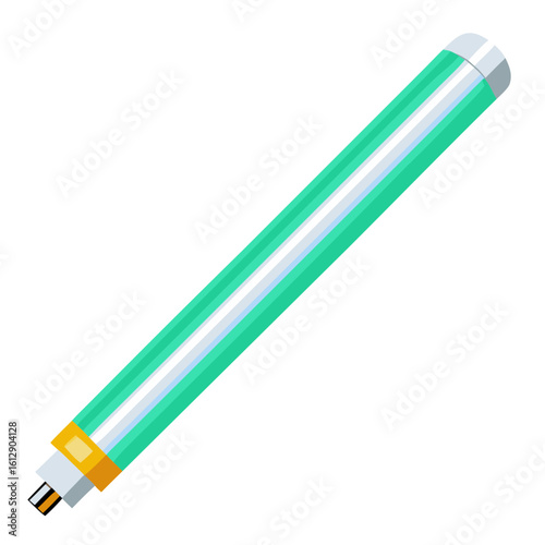 A fluorescent light tube with a green and white cylindrical body, yellow band in the middle, and silver metallic caps on both ends