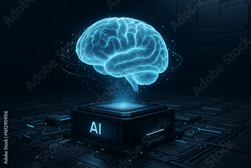 3D rendering of artificial intelligence digital brain and neural network chip on futuristic circuit board, representing deep learning, big data analysis, and advanced AI processing
