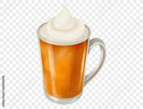Watercolor pumpkin spice latte in clear mug vector.