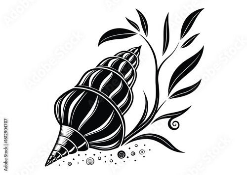 Nautilus seashell or spiral round snail shell, black silhouette isolated on white. Segmented shape, stencil style. Vector clipart, monochrome sign for illustration,