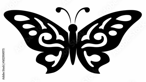 Stylized black butterfly with intricate wing patterns and antennae on a white background design element silhouette