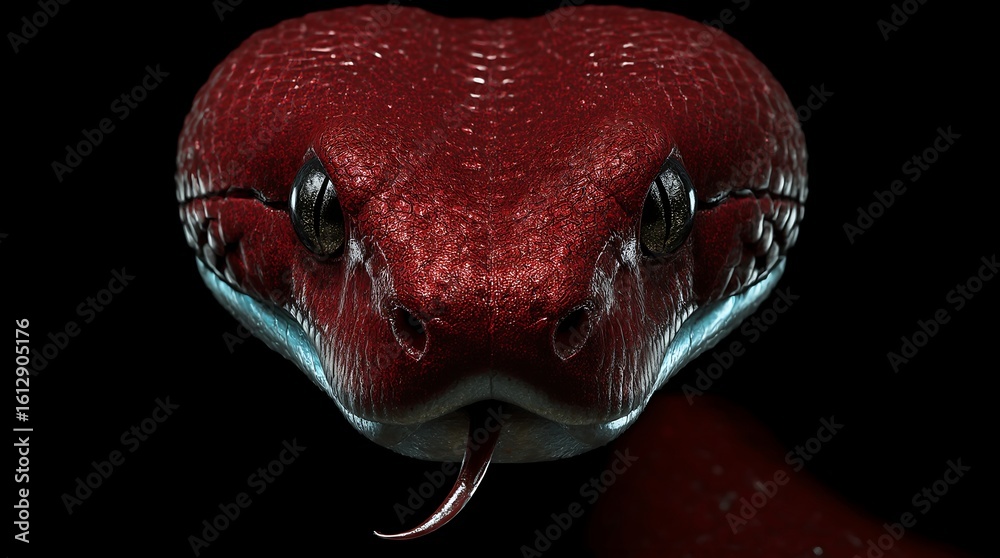 Fototapeta premium Hyper realistic Red Snake Closeup - Frontal View with Flicking Tongue