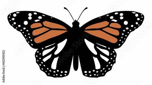 Illustration of a monarch butterfly with orange and black wings and white spots on a white background silhouette
