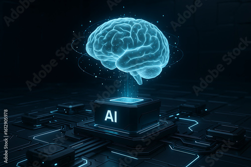 3D rendering of artificial intelligence digital brain and neural network chip on futuristic circuit board, representing deep learning, big data analysis, and advanced AI processing
