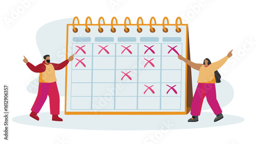Two people pointing at a calendar with red x marks indicating days crossed out on the schedule grid 100 char