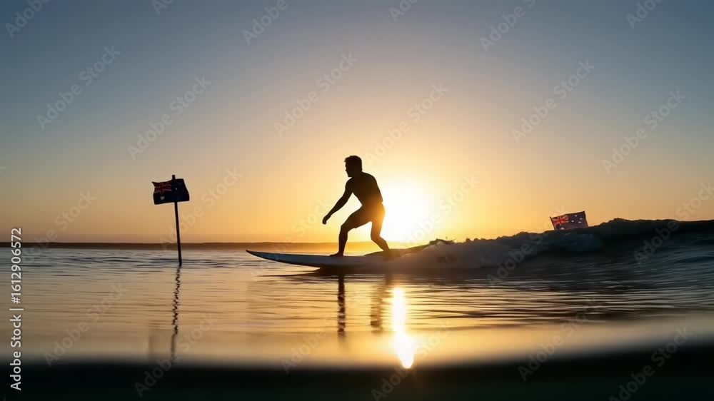 Surfer Riding Waves at Sunset with Flags in Background Surfer Riding Waves at Sunset with Flags in Background