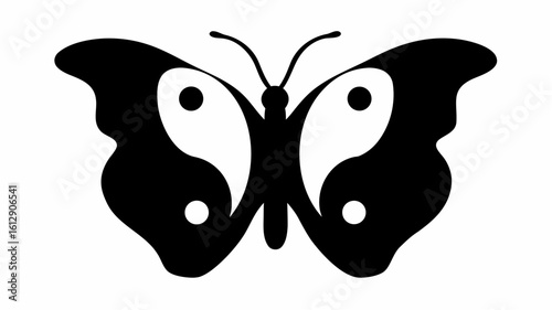 A black and white butterfly with yin yang symbol on its wings creating a symmetrical illustration art silhouette