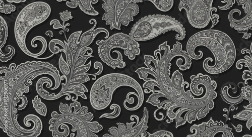 A paisley dreamscape of swirling teardrops and floral whimsy on a shadowy backdrop