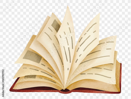 Flying open book watercolor illustration with pages turning vector.