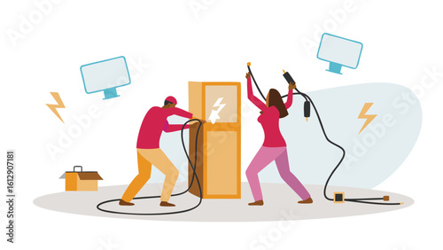 Two people working on electrical equipment with lightning bolts and monitors in the background design