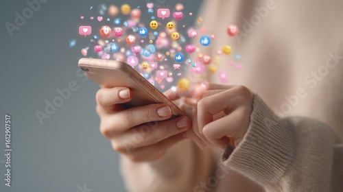 Woman using smartphone social media likes emojis hearts
