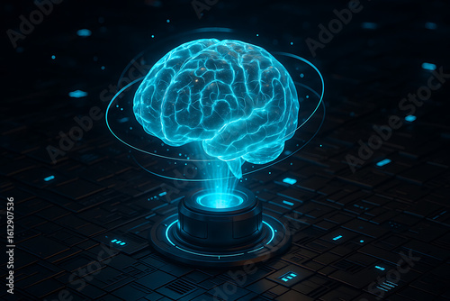 3D rendering of artificial intelligence digital brain and neural network chip on futuristic circuit board, representing deep learning, big data analysis, and advanced AI processing
