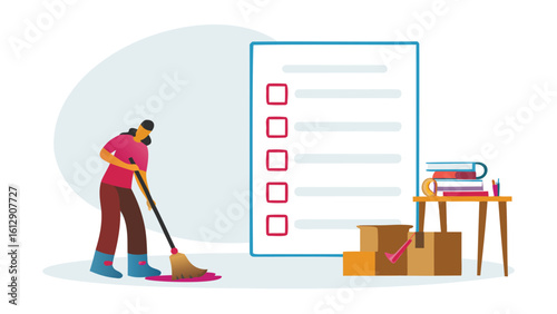 Illustration of a woman mopping the floor with a checklist, books, and boxes in the background