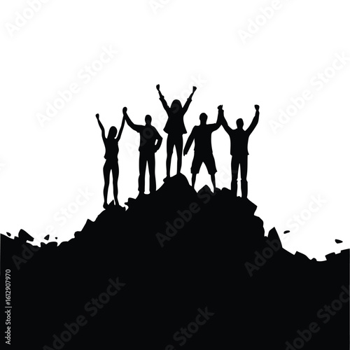 Victorious Mountaineers Silhouette Against White Sky A Symbol of Teamwork, Achievement and Overcoming Challenges in Nature's Majestic Landscape