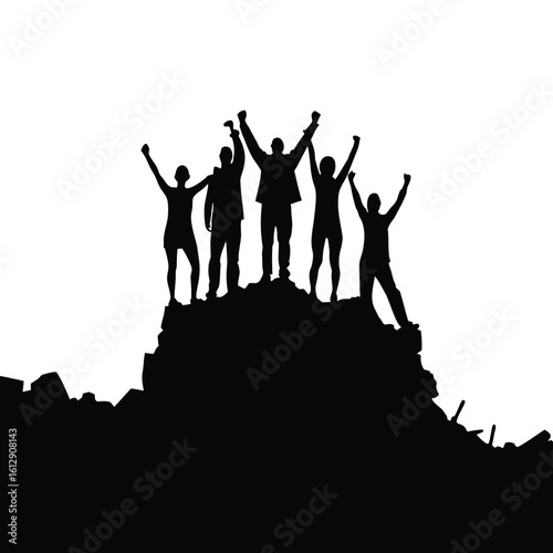Victorious Mountaineers Silhouette Against White Sky A Symbol of Teamwork, Achievement and Overcoming Challenges in Nature's Majestic Landscape