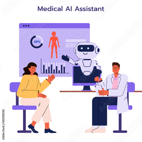 Artificial Intelligence medical assistant concept. Doctor and AI robot diagnose and provide healthcare consultations to beautiful woman patients. Flat vector Illustration.