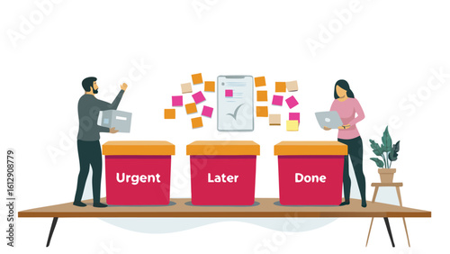 People organizing tasks into urgent later and done categories with sticky notes and a checklist board