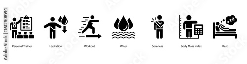 Personal fitness web banner icon vector illustration with personal trainer, hydration, workout routine, water intake, muscle soreness, body mass index, and rest recovery essentials.